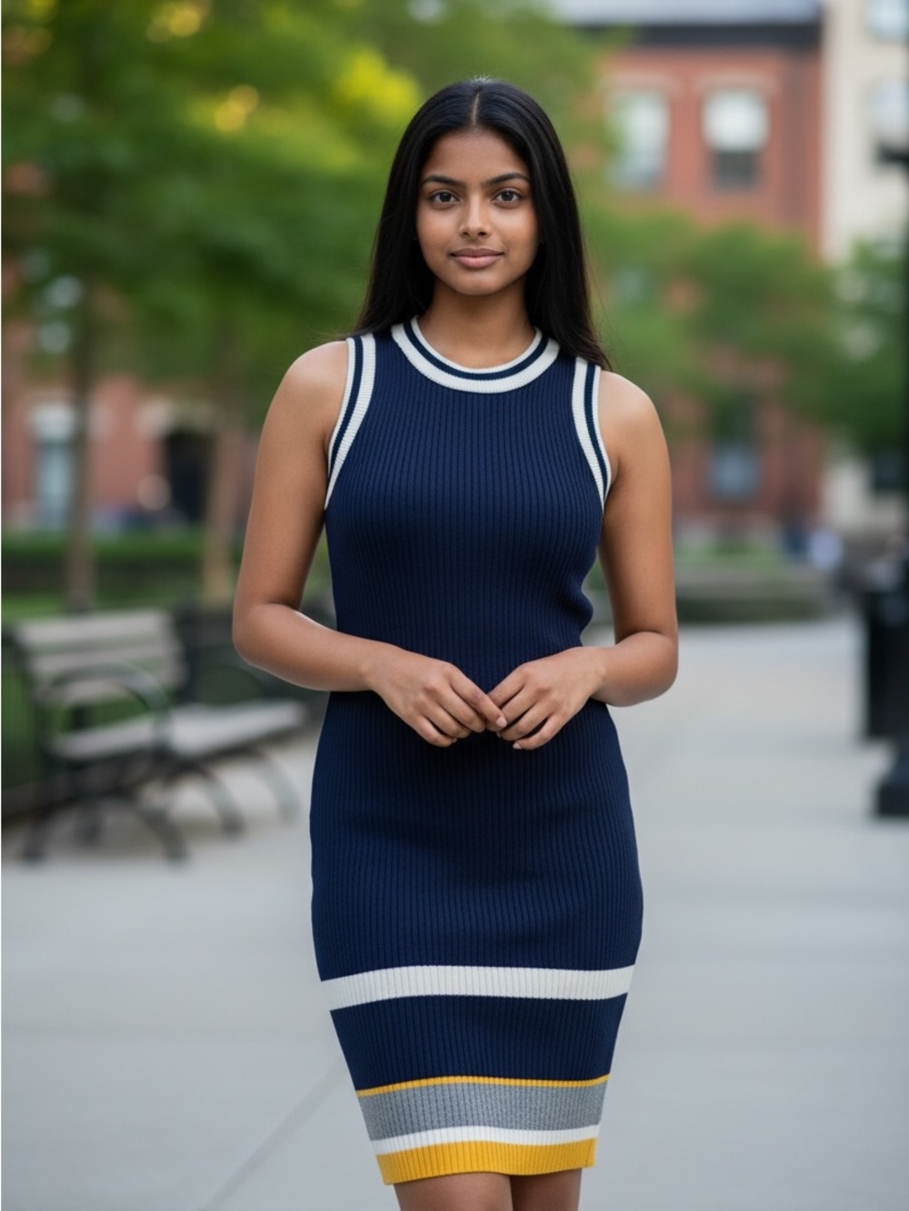 Every Detail Size Large| Navy Sleeveless Ribbed Mini Dress with Contrast Bands